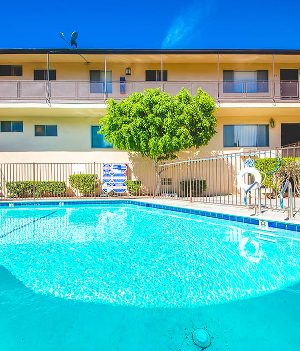 IMT Woodman - Pool area with bright blue water, railing fence and tree overlooked by apartments.