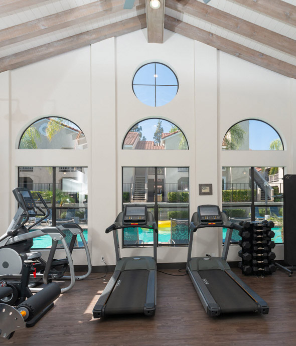 IMT Wood Ranch - fitness room with large floor to ceiling windows, updated workout treadmills and weights organized in room